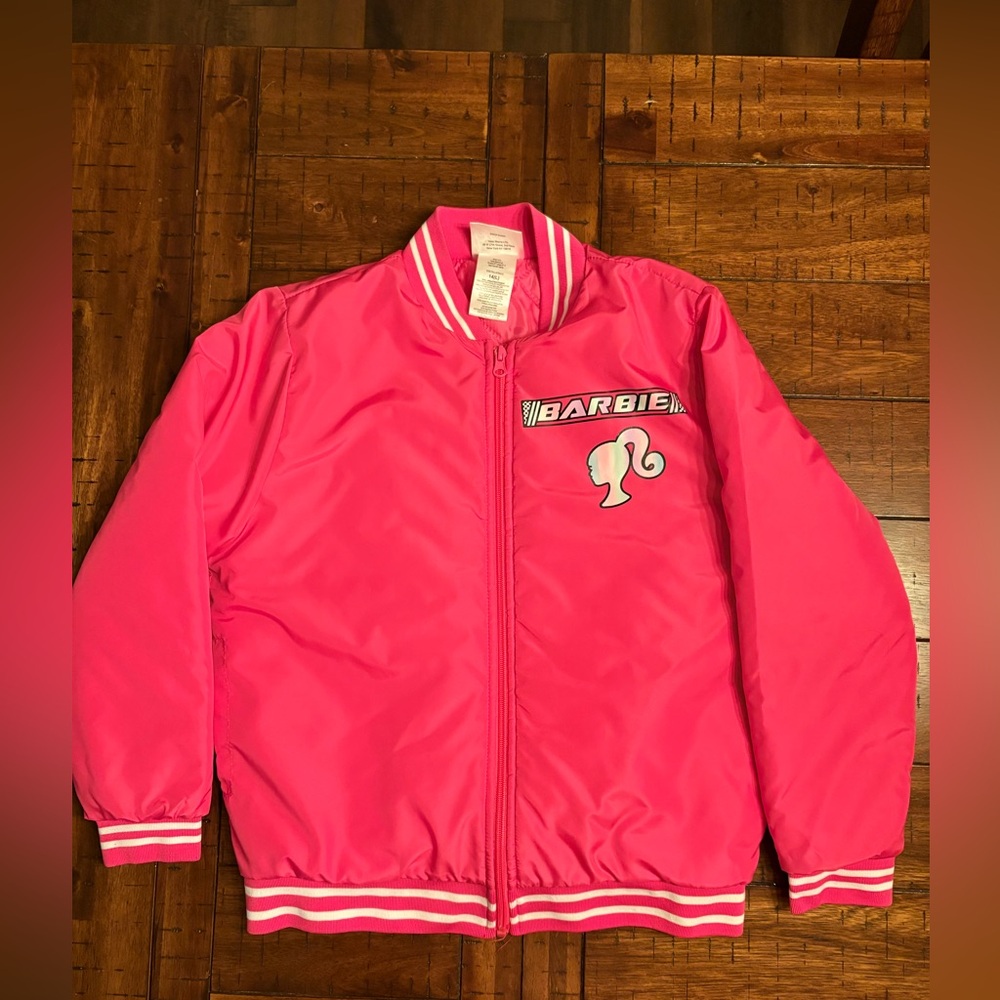 Barbie Girls' Hot Pink Bomber Jacket - California Dreamin’ Size L (14)
